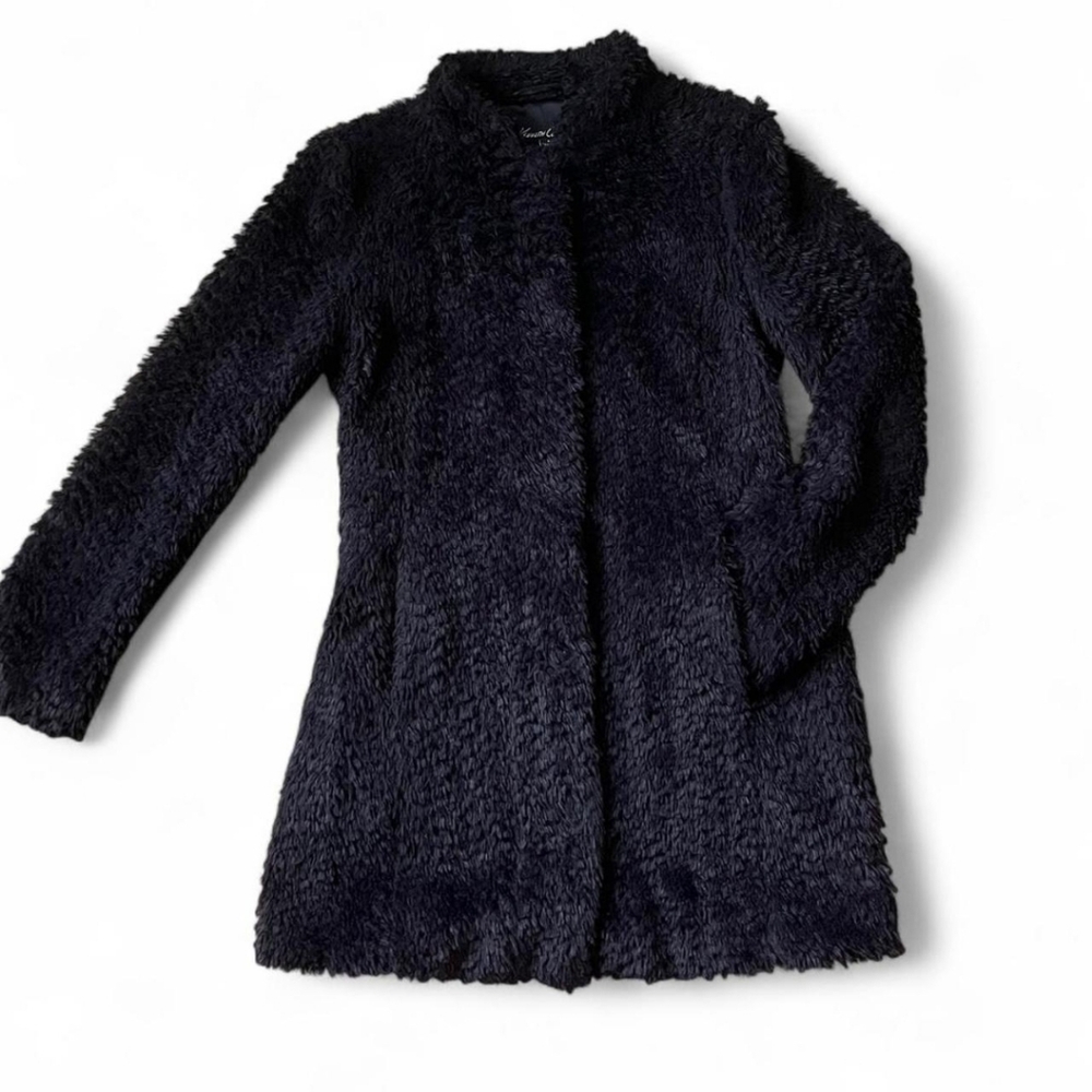 Kenneth Cole New York Women's Black Faux Fur Shaggy Button Coat Jacket Teddy